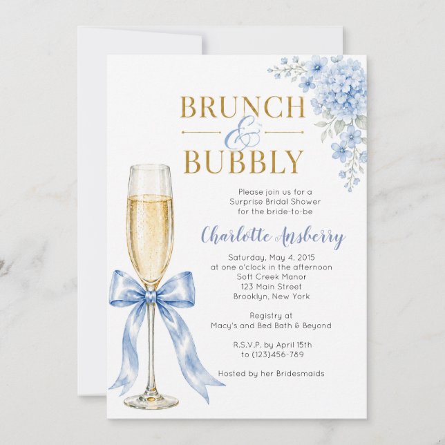 Invitation Brunch et Bubbly Blue Bow Enterrement de Vie de Je (Devant)