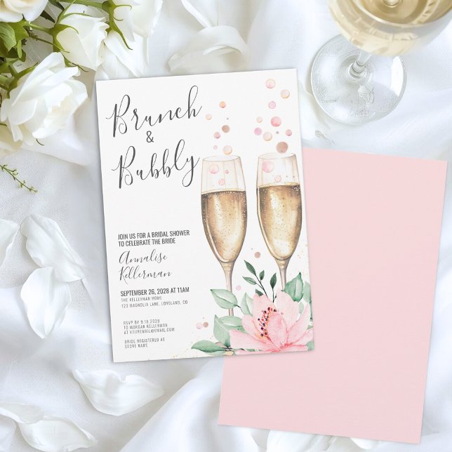 Invitation Brunch Et Bubbly Blush Fête des mariées Florale Ro (Brunch And Bubbly Blush Pink Floral Bridal Shower Invitation)
