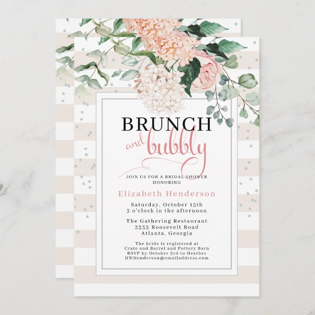 Invitation Brunch et Bubbly Blush Fête des mariées florale ro (Devant / Derrière)