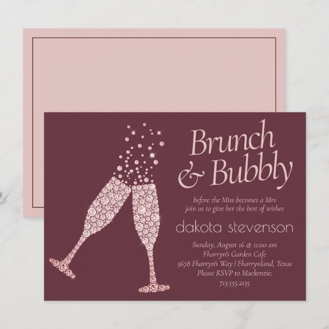 Invitation Brunch et Bubbly | Bourgogne et douche rose pâle (Devant / Derrière)