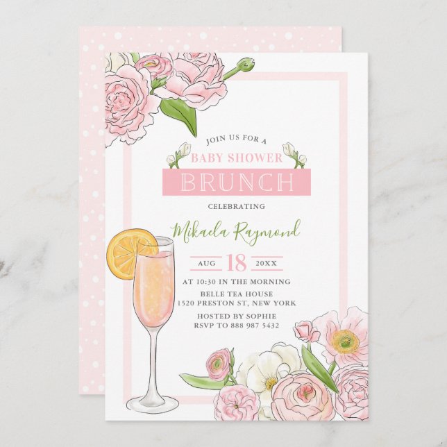 Invitation Brunch et Bubbly | Brunch Baby shower rose (Devant / Derrière)