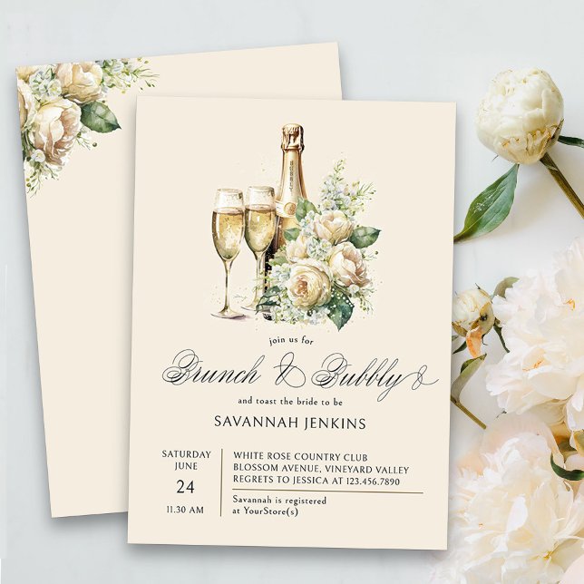 Invitation Brunch et Bubbly Champagne Fête des mariées Rose (Brunch & Bubbly Champagne Bridal Shower Invitation on cream)
