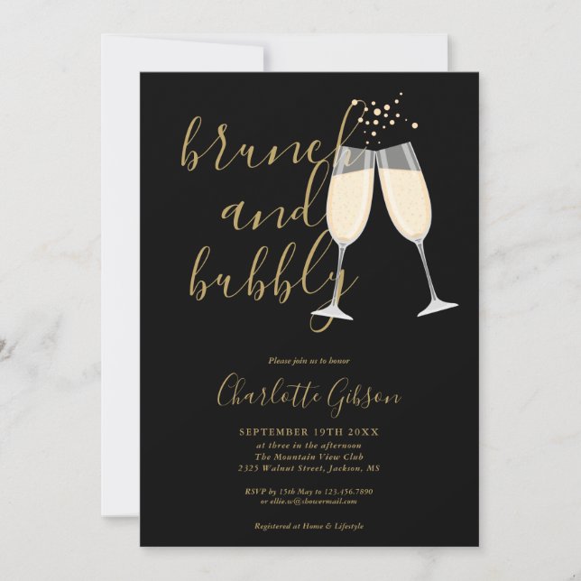 Invitation Brunch Et Bubbly Code QR Or Noir Enterrement de Vi (Devant)