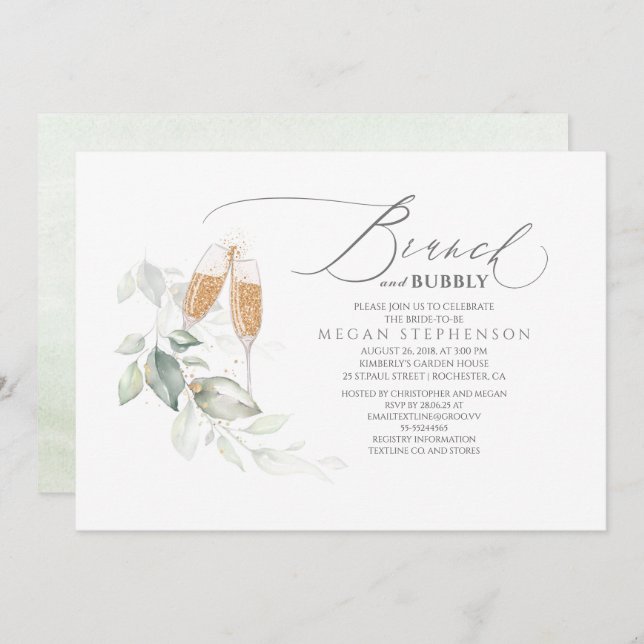 Invitation Brunch et Bubbly Elegant Green Fête des mariées (Devant / Derrière)
