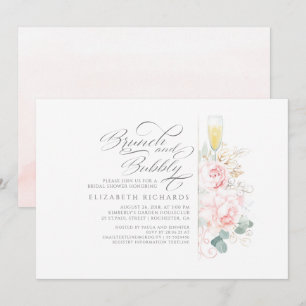 Invitation Brunch et Bubbly Fête des mariées florale rose
