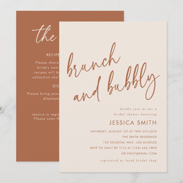 Invitation Brunch et Bubbly Mariage avec Code QR Beige (Devant / Derrière)