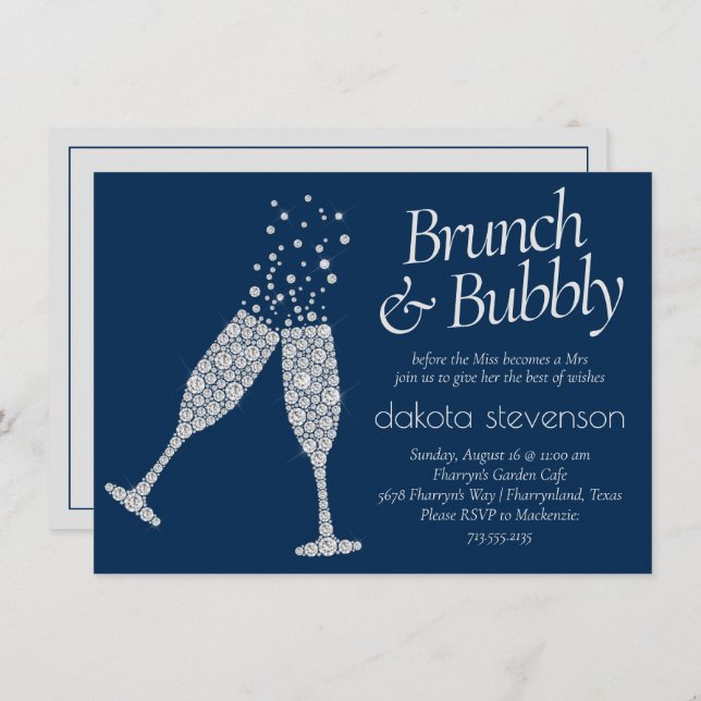 Invitation Brunch et Bubbly | Marine Blue Silver Grey Douche (Devant / Derrière)