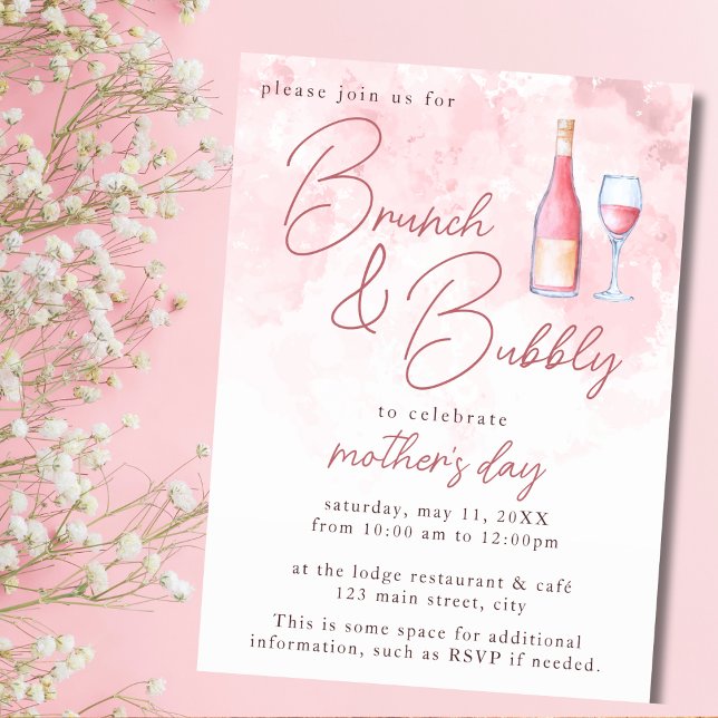 Invitation Brunch et Bubbly Pink Watercolor Fête des mères (Créateur téléchargé)