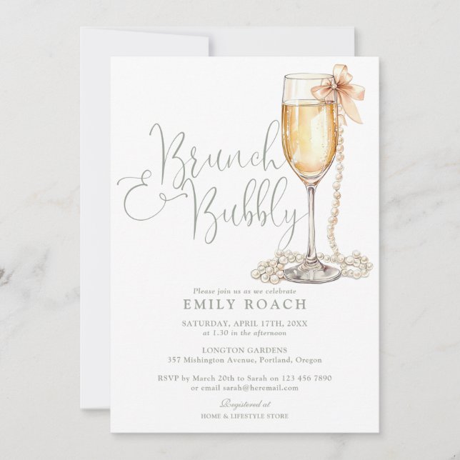 Invitation Brunch Et Bubbly QR Code Sage Fête des mariées ver (Devant)