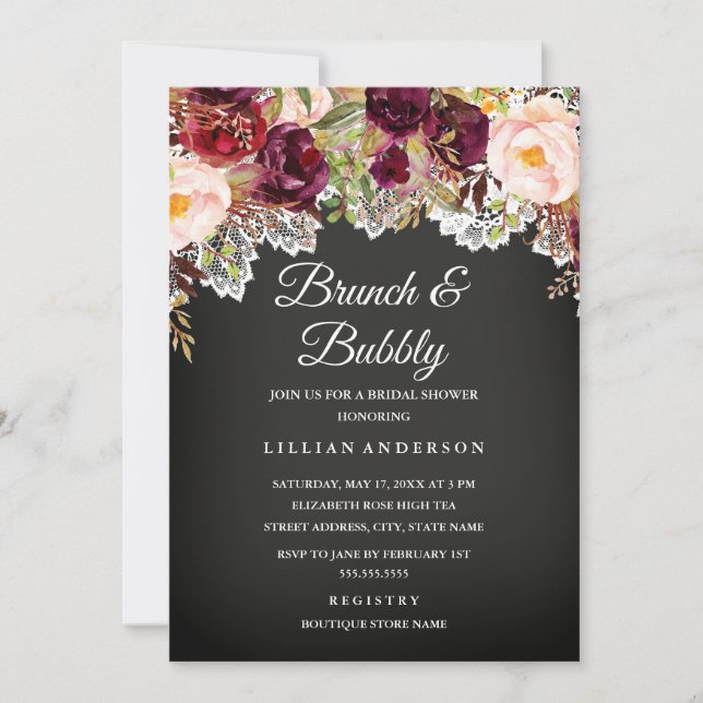 Invitation Brunch Et Bubbly Tableau Noir Floral Shower De Mar (Devant)