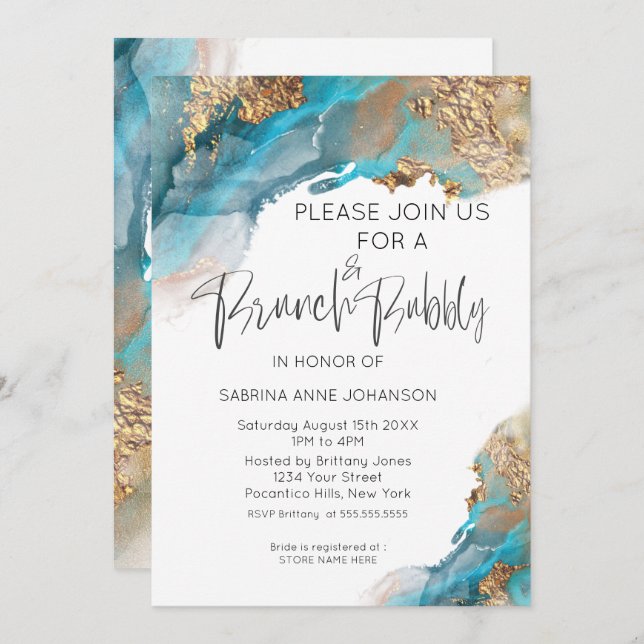 Invitation Brunch et Bubbly Turquoise et Gold Abstrait (Devant / Derrière)