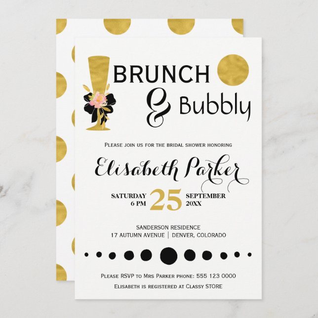 Invitation Brunch et bulle blanc noir noir douche nuptiale (Devant / Derrière)