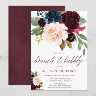 Invitation Brunch et bulle bordeaux marine bleu floral bridal