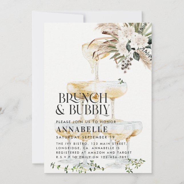 Invitation brunch et bulle Bridal douche pampas herbe Invit (Devant)