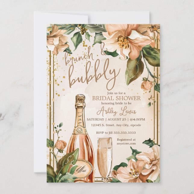 Invitation Brunch et bulles, Champagne de mariage en rose dor (Devant)