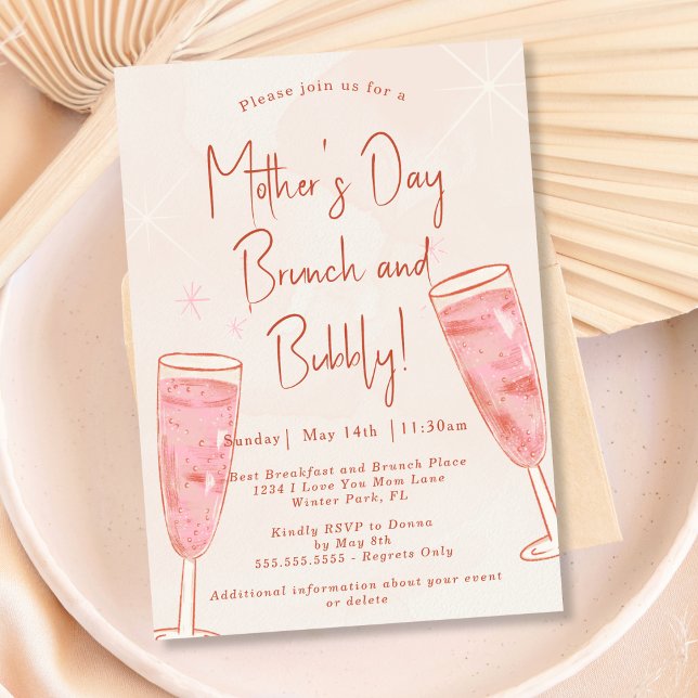 Invitation Brunch et Bulles Rose Blush Brunch de la Fête des  (Créateur téléchargé)