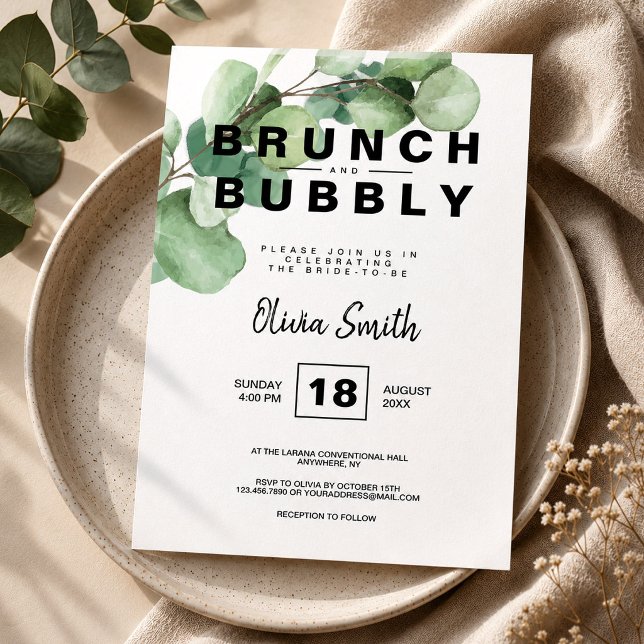 Invitation Brunch et champagne pour une baby shower rustique  (Brunch and Bubbly Bridal Shower Rustic Greenery Invitation, Eucalyptus Invitation)