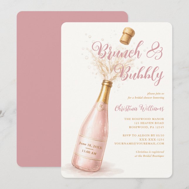 Invitation Brunch et Champagne Rose Mariage Shower (Devant / Derrière)