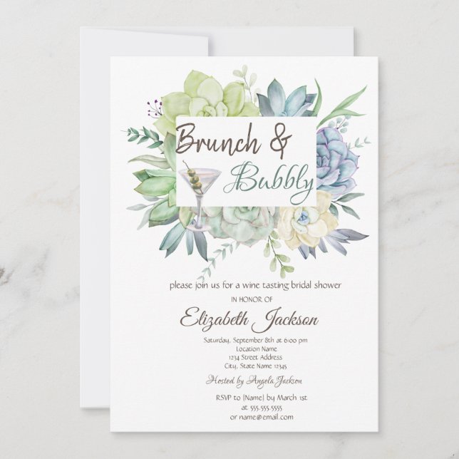 Invitation Brunch et cocktail au Martini Cactus aquarelle et  (Devant)
