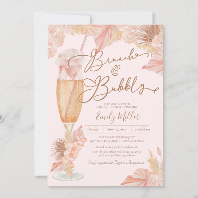 Invitation Brunch et Fête des mariées Bubbly Blush Boho Pampa (Devant)