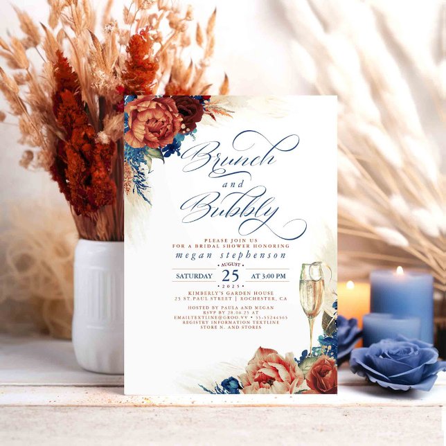 Invitation Brunch et Fête des mariées Bubbly Marine en terre  (Terracotta and Navy Blue Floral Bridal Shower Invitations Brunch and Bubbly)
