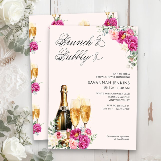 Invitation Brunch et Fête des mariées champagne rose Bubbly (Brunch & Bubbly Champagne Bridal Shower Invitation on blush pink)