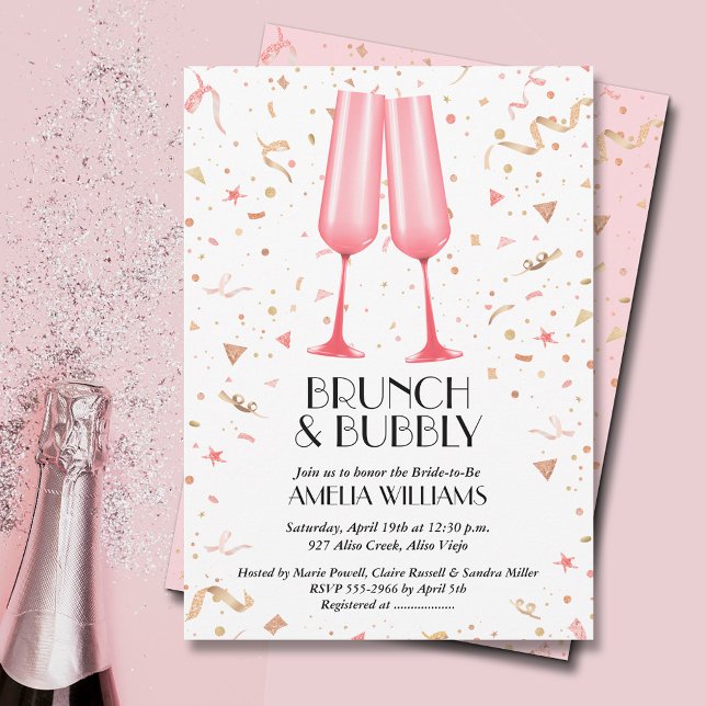 Invitation Brunch et Fête des mariées rose bulle (Brunch and Bubbly pink champagne bridal shower invitations)