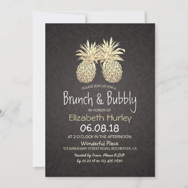 Invitation Brunch & Fête des mariées Bubbly Black Gold Ananas (Devant)