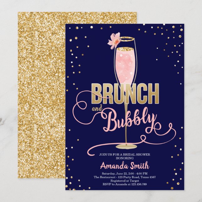 Invitation Brunch & Fête des mariées Bubbly Blush Gold Champa (Devant / Derrière)