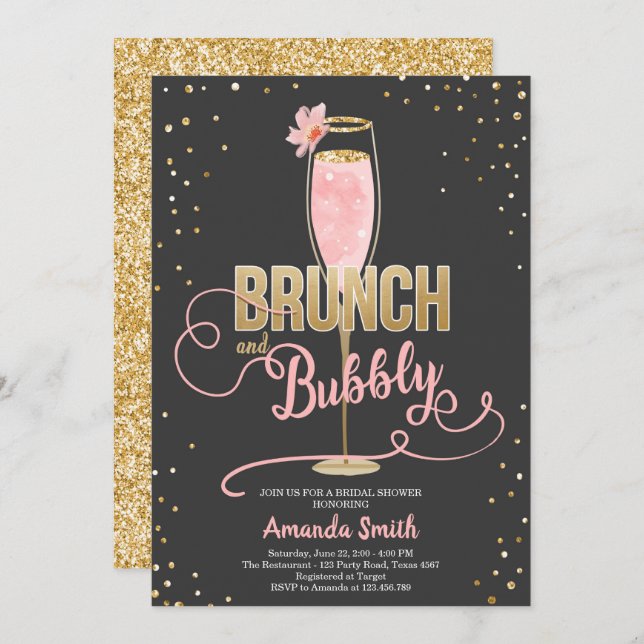 Invitation Brunch & Fête des mariées Bubbly Blush Gold Champa (Devant / Derrière)