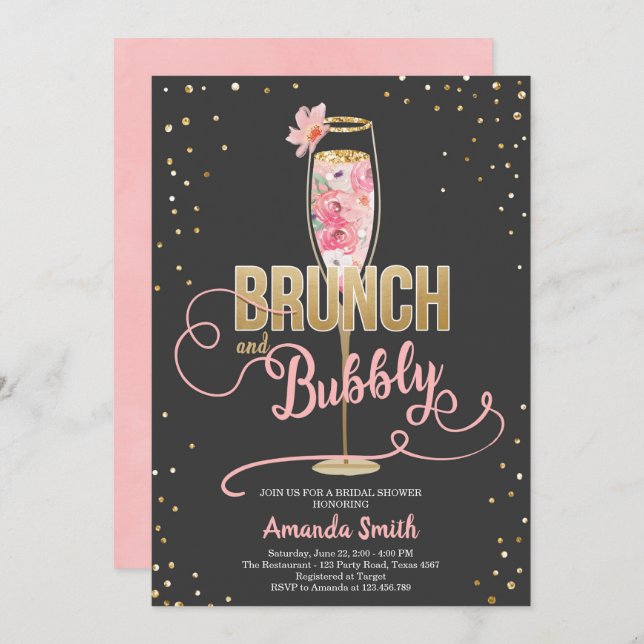 Invitation Brunch & Fête des mariées Bubbly Blush Gold Champa (Devant / Derrière)