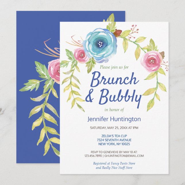 Invitation Brunch & Fête des mariées Florale Bleue (Devant / Derrière)
