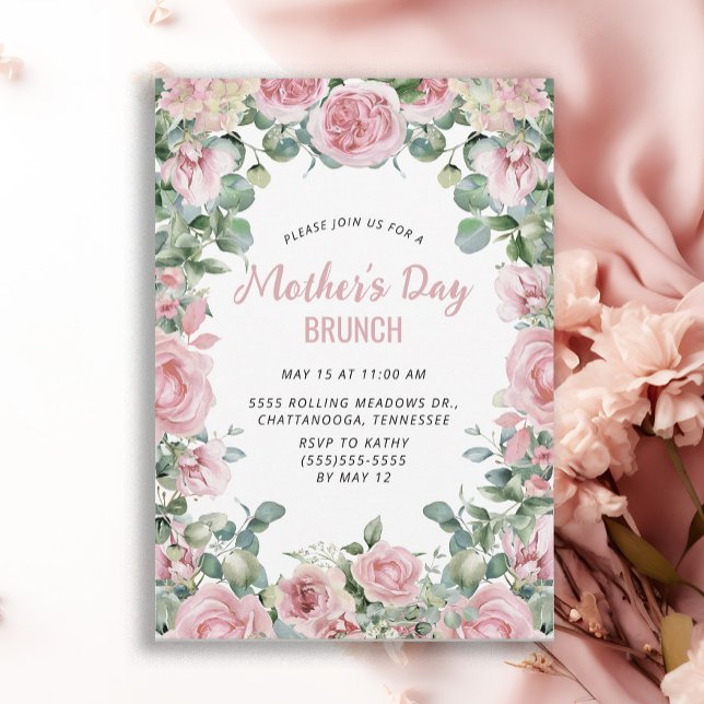Invitation Brunch Fête des Mères à cadre rose (Elegant pink roses Mother's Day Brunch invitation)