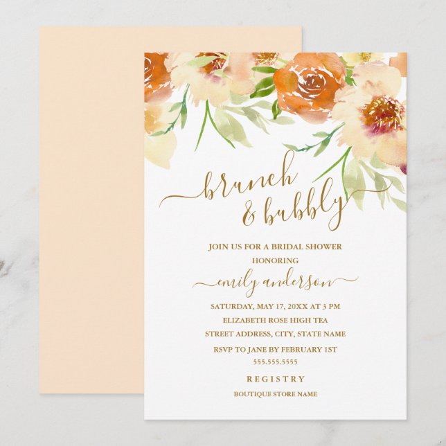 Invitation Brunch Fleuris Aquarelle Et Champagne Pour Une Bab (Devant / Derrière)