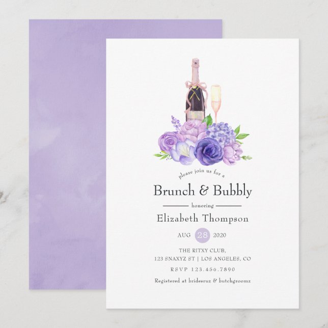 Invitation Brunch Fleuris Violet Pastel & Champagne pour une  (Devant / Derrière)