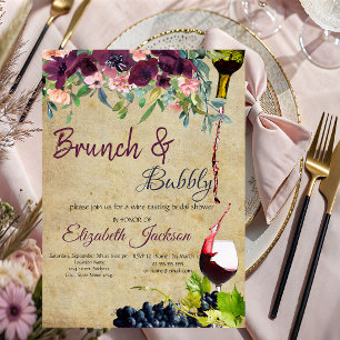 Invitation Brunch Fleurs, Raisins et Vin & Pétillant