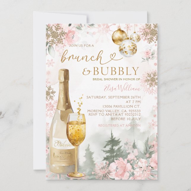 Invitation Brunch Flocons de Neige Roses et Champagne Pétilla (Devant)