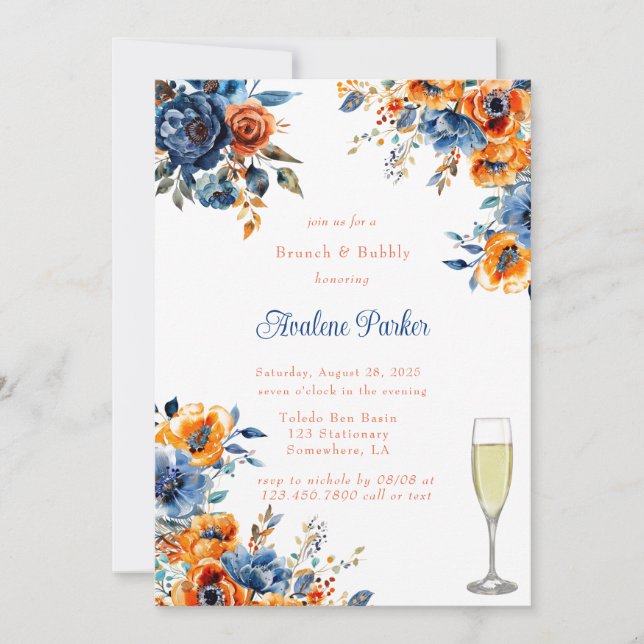 Invitation Brunch floral bleu et orange et bulle (Devant)