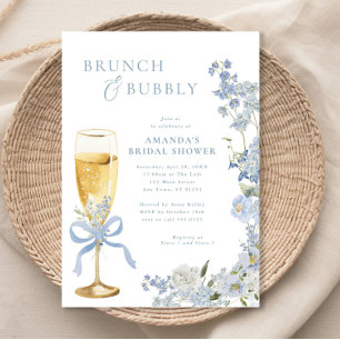 Invitation Brunch floral bleu et verre champagne Bubbly