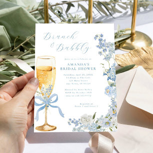 Invitation Brunch floral bleu et verre champagne Bubbly