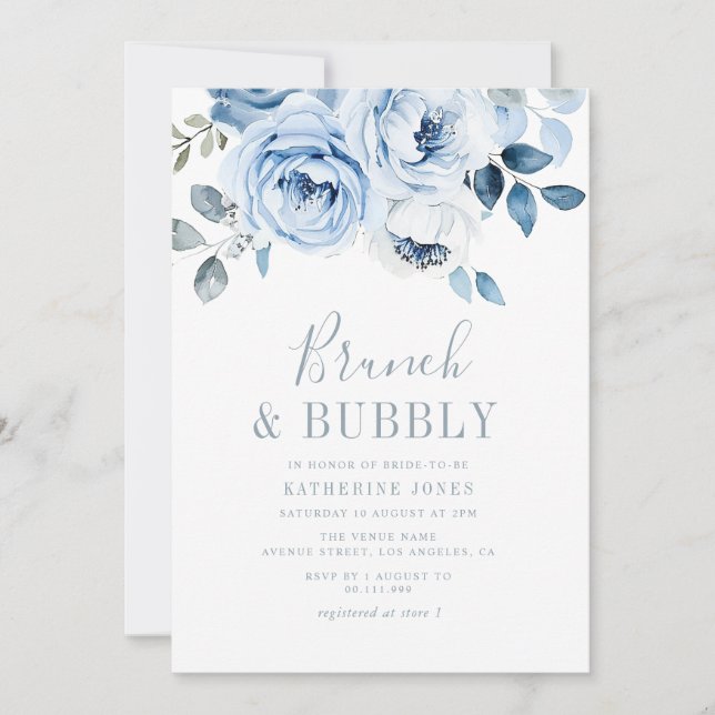 Invitation brunch floral bleu poussiéreux & mousseux (Devant)
