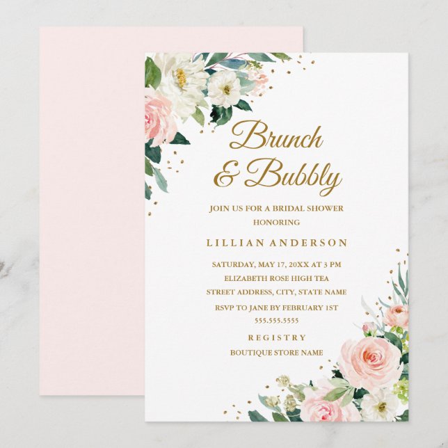Invitation Brunch Floral Blush Gold Fête des mariées Et Bubbl (Devant / Derrière)