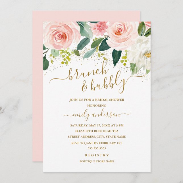 Invitation Brunch Floral Blush Or Et Fête des mariées Bubbly (Devant / Derrière)