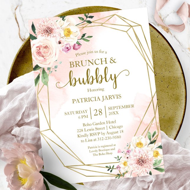 Invitation Brunch Floral Blush Or Et Fête des mariées Bubbly (Créateur téléchargé)