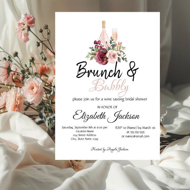 Invitation Brunch Floral Bourgogne & Fête des mariées Bubbly (Créateur téléchargé)