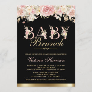 Invitation Brunch floral de baby shower d'or noir rose