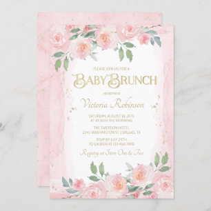 Invitation Brunch floral de bébé d'aquarelle rose élégante