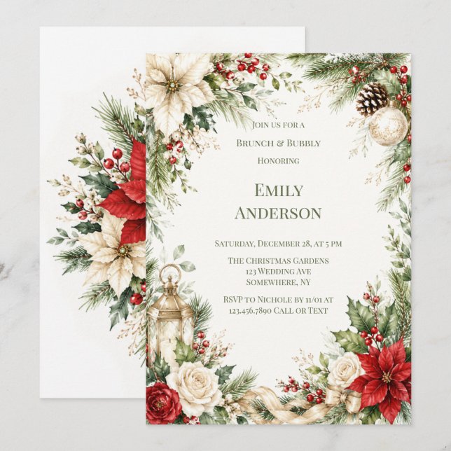 Invitation Brunch Floral de Noël Élégant & Bulles (Devant / Derrière)