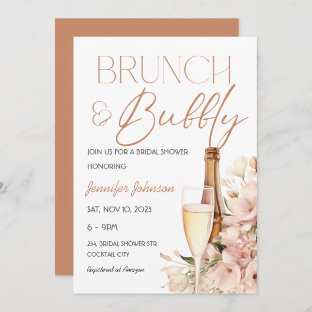 Invitation Brunch floral et Fête des mariées champagne Bubbly (Devant / Derrière)