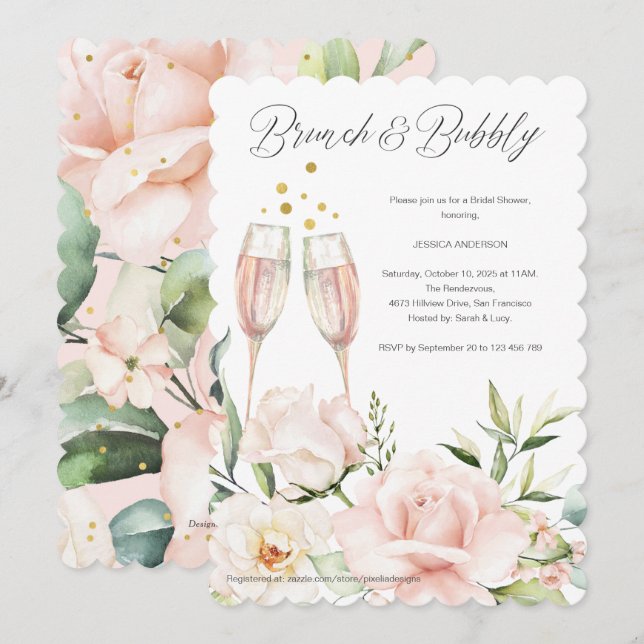 Invitation Brunch floral et mousseux rose chic mimosa In (Devant / Derrière)